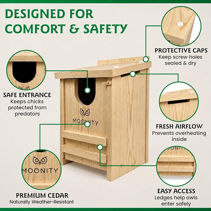 MOONITY Premium Cedar Owl House – 14" x 9" x 9" All-Season Nesting Box for Screech, Kestrel & More – Durable, Weatherproof & Easy to Install