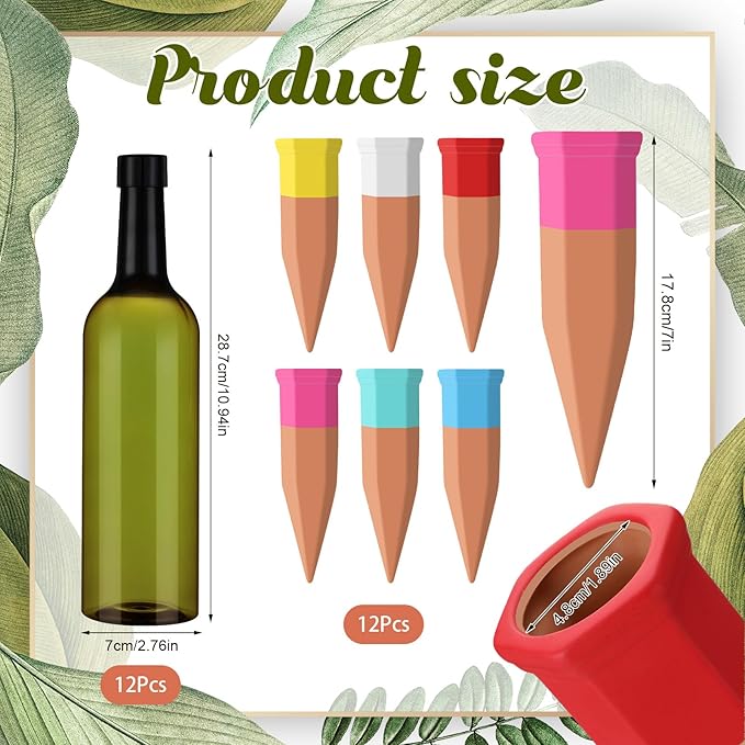 SiliFine 12 Set Plant Watering Devices Include Terracotta Self Watering Spikes and 26 oz Plastic Bottles, Slow Release Vacation Insert Automatic Plant Waterer Device (Green and Mixed Color)