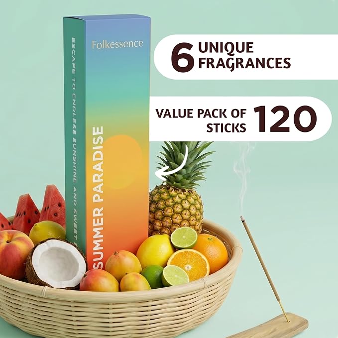 Folkulture Incense Sticks (120 Sticks) | Set of 6 Summer Vibes Fruit Incense for Air Freshener & Relaxation | No Charcoal, Organic, Non Toxic, 45 Mins Long Burning Mango, Coconut, Pineapple Insence