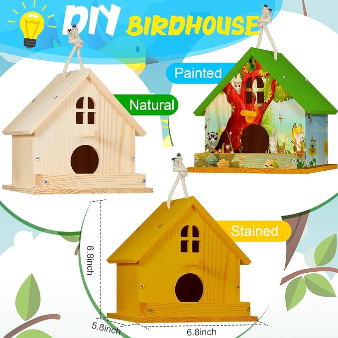 Juexica 2 Pack DIY Birdhouse Kits for Kids Ages 6+ Build and Paint Wooden Bird House Arts and Craft Project with Paint Strips Brushes for Boy Girl Adult Classroom Indoor Outdoor Crafts (Window)