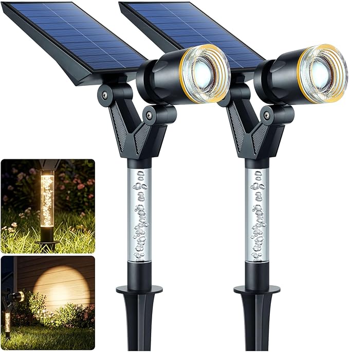 DenicMic Solar Lights Outdoor Waterproof Adjustable Solar Spot Lights Outdoor 3000K Warm White Lens LED for Yard Garden Patio Pathway Flag Tree House Landscape Lighting Outside 2 Pack