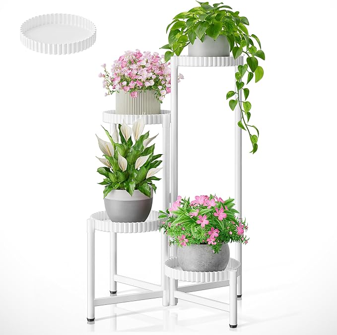 Metal Corner Plant Stand Indoor Outdoor, 4 Tier Tall Flower Pot Holder Potted Display Rack Shelf, Heavy Duty Flodable Plant Shelf for Patio Garden Balcony Living Room Bedroom - WhiteFloroma