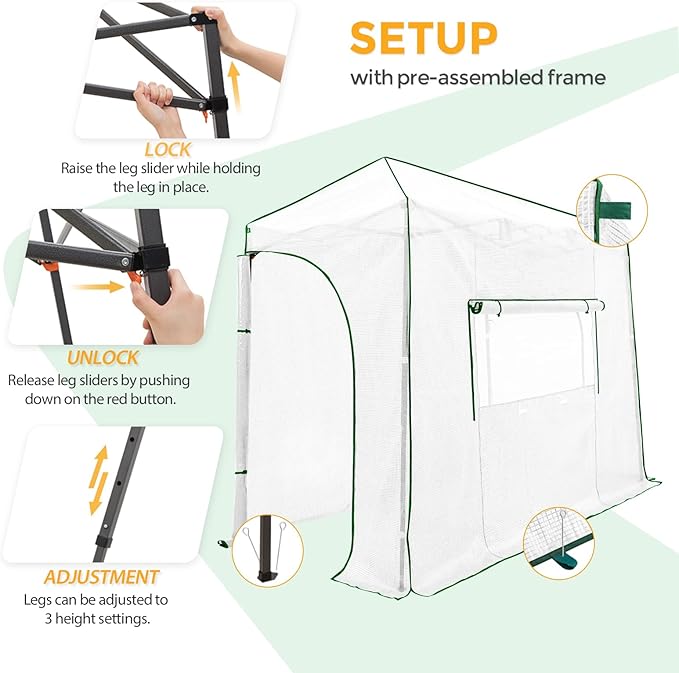 EAGLE PEAK 10x5 Portable Walk in Greenhouse, Pop Up Indoor Outdoor Greenhouse, Green House Kit with Zippered Roll-Up Doors and Windows, Lean-to Design, PE Cover, Clear/White