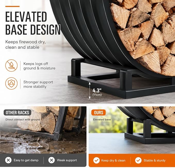 32" Firewood Rack with Roof Cover, Indoor & Outdoor Log Holder Keeps Firewood Dry, Clean & Organized for Fireplace, Patio & Backyard, Heavy-Duty Steel Wood Storage Rack, 500LBS Capacity