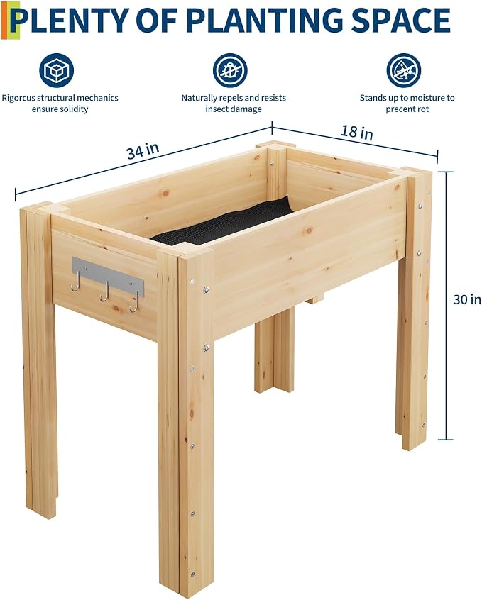 34x18x30IN Wooden Raised Garden Bed with Legs, Elevated Reinforced Large Planter Box for Vegetable Flower Herb Outdoor, Standing Growing Bed for Gardening/Backyard/Patio/Balcony, Liner Included