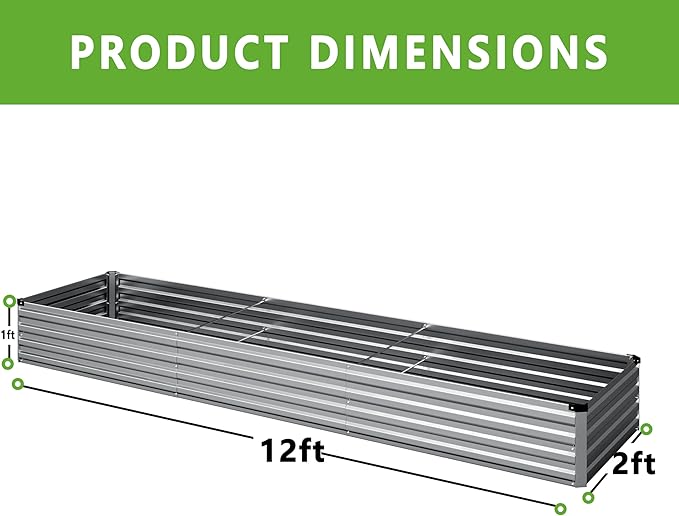 DIIYIV 12x2x1FT Galvanized Raised Garden Bed Kit,Vegetable Boxes-Rectangle Metal Flower Box,Large Planter Raised Beds Outdoor Garden for Planting,Fruit,Herb-Silver