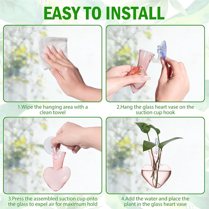 Bunmery Window Propagation Stations, 4 pcs Colored Heart Plant Propagation Station with Suction Cups, Easy to Install Window Hanging Planer, Indoor No Nails Glass Vase Terrarium for Plants&Flowers