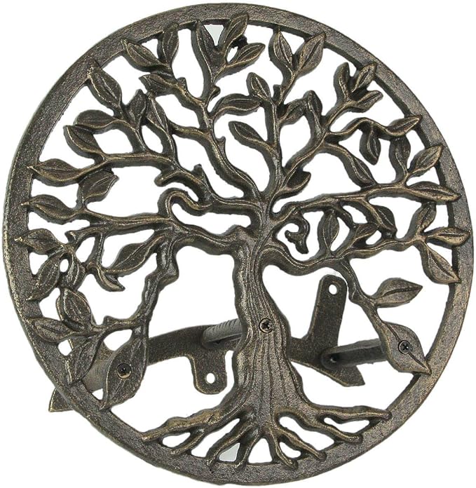 Cast Iron Tree of Life Decorative Wall-Mounted Garden Hose Hanger - Stylish Outdoor Hose Holder Décor with a 12-Inch Diameter - Weather-Resistant Aged Bronze Finish