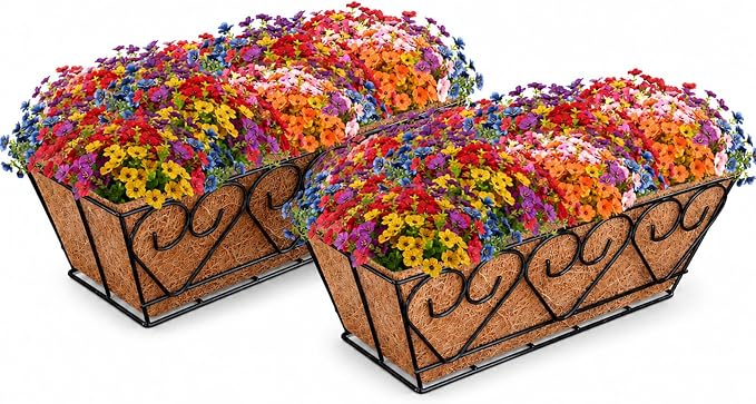 ZeeDix Railing Planter Boxes with Artificial Flowers, 2 Pack 16 Inch Window Box Planter with 24 Pack Fake Flowers for Deck Porch Patio Balcony Garden Home Decor