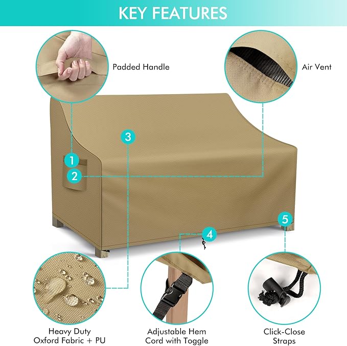 WLEAFJ Patio Sofa Cover Waterproof, 3-Seater Outdoor Sofa, Heavy Duty Deep Lounge Loveseat, Large Lawn Furniture with Air Vent, 79’’ W x 37’’ D x 35’’ H, Khaki