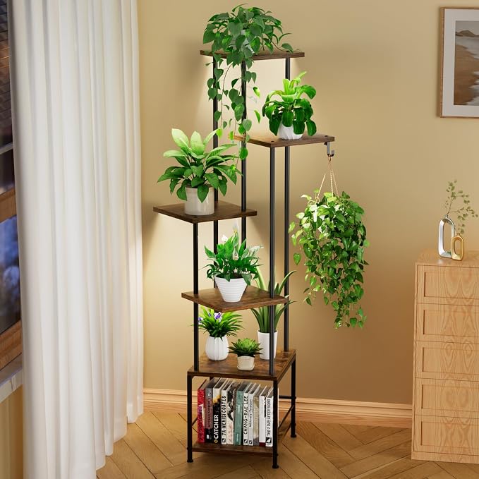 Homsorout Plant Stand Indoor with Grow Light - 6-Tier Metal Plant Shelf with Hanging Basket Hook, Corner Tall Flower Holder for Multiple Plants, Living Room Balcony Garden Patio, Rustic Brown
