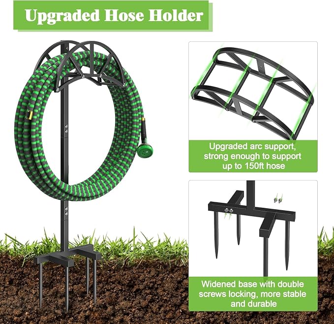 Mr IRONSTONE Garden Hose Holder Freestanding with 4 Spikes, Upgraded Water Hose Holder with Stainless Steel Screws, Heavy Duty Hose Stand Holds (Black)