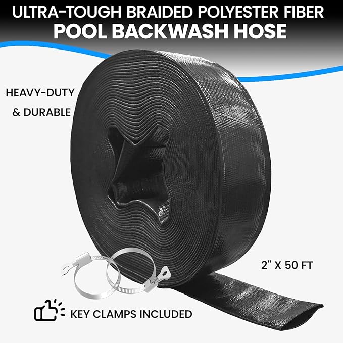 Poolvio Backwash Hose 2" x 50 ft, Heavy-Duty Lay-Flat Reinforced PVC Discharge Hose with 2 Stainless Steel Thumb Screw Clamps, Leak-Resistant for Inground & Above-Ground Pool Filters