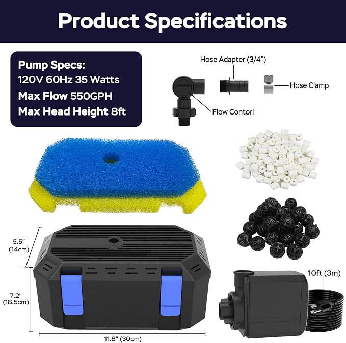 Pond Filter Pump with 4-Stage Filtration System | 35W 550GPH Submersible Pond Pump | Pond Filter Box for 350-500 Gal Outdoor Koi Fish Pond, Garden, Fountain, Waterfall & Water Feature