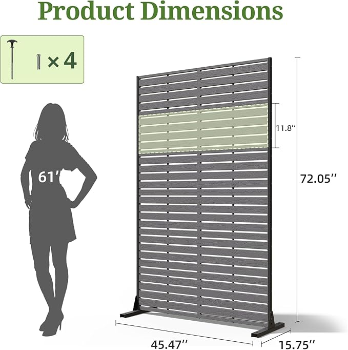 Privacy Screen Outdoor 72" Hx47 W Freestanding Privacy Panel with Stand, HDPE Decorative Privacy Fence with Sandblasting Louver Pattern, Patio Divider Screen, Privacy Screens for Outside