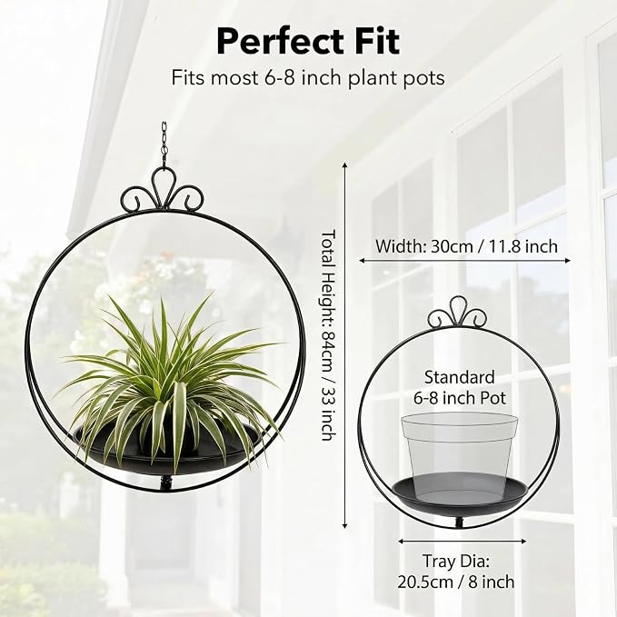 Heavy Duty Metal Hanging Planters for Indoor Plants - Black Plant Hanger with Sturdy Tray & Chains, Modern Boho Wall/Ceiling/Window Mounted Plant Basket (2/S, one Chain Flower Decor)