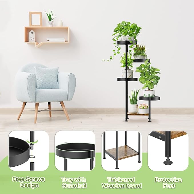 Oppro Plant Stand Indoor Outdoor, 5 Tier Metal Flower Pot Shelf Holder Clearance, Tall Corner Rack for Multiple Plants, Modern Organizer Display for Patio Orchid Office Porch Living Room Garden, Black