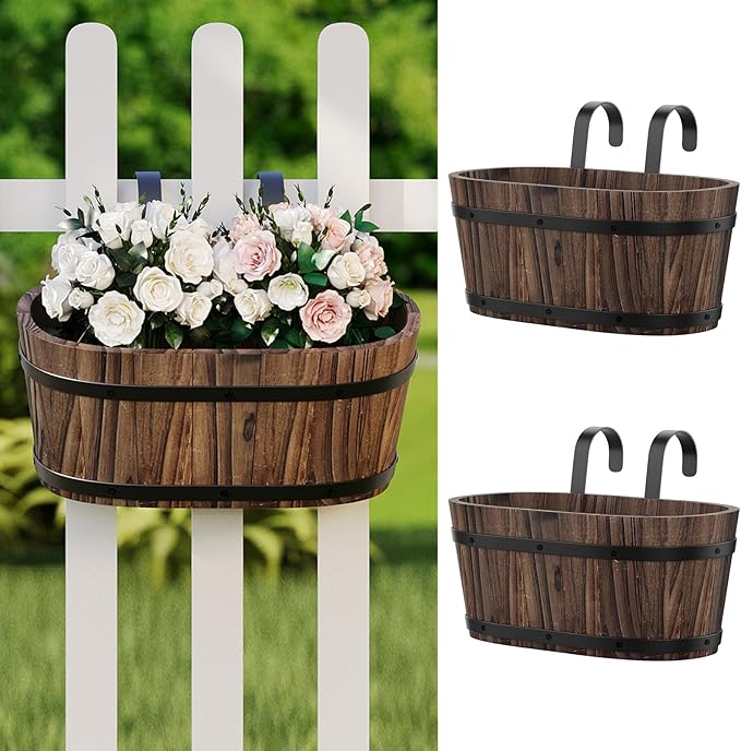 Hanging Wooden Flower Pots, Railing Planter for Any Balcony, Porch or Deck Countryside Style with Detachable Hooks for Garden Yard Home Decor (Carbonized)