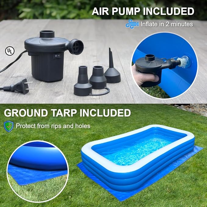 Rukala Inflatable Pool Bundle - 10ft x 6ft - Electric Pump and Ground Tarp Included - Fast Setup and Reinforced Seams