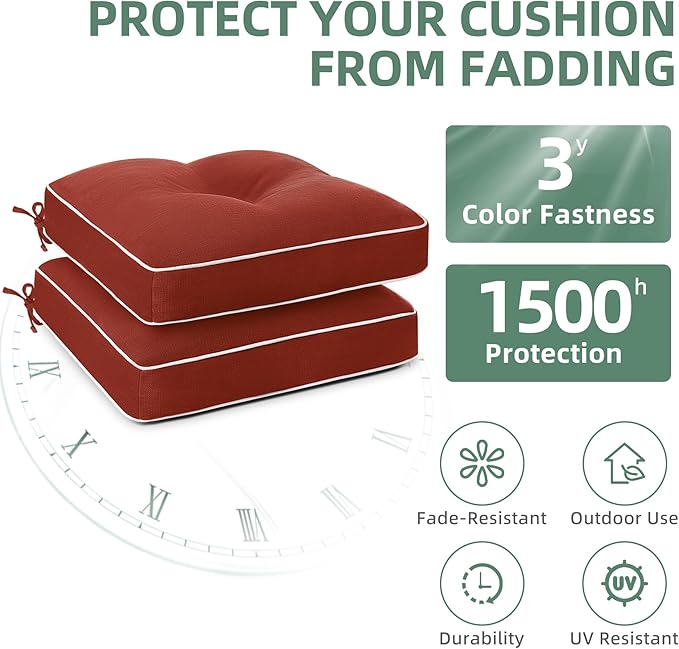 Favoyard Patio Chair Cushions 19 × 19 Inch Water Resistant & 3-Year Color Fastness Outdoor Chairs Cushion for Seat Dining Rocking Wicker Chair Cushion with Tie Straps Tufted Square Pads, Red, 2 Pack