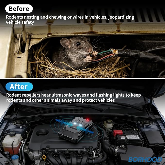 BORHOOD Ultrasonic Rodent Repellent, 2 Pack Plug-in Mouse Rat Pest Bat Squirrels Repellent for Car with Battery Powered Under Hood, Keep Mice Out of Cars Engines, Indoor, Garage, Storage Room-Black