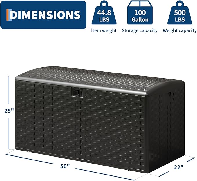 100 gal Outdoor Storage Box with Support Rod, Large Lockable Storage Container for Patio, Waterproof Storage Bin for Garden, Cushions, Tools,Black