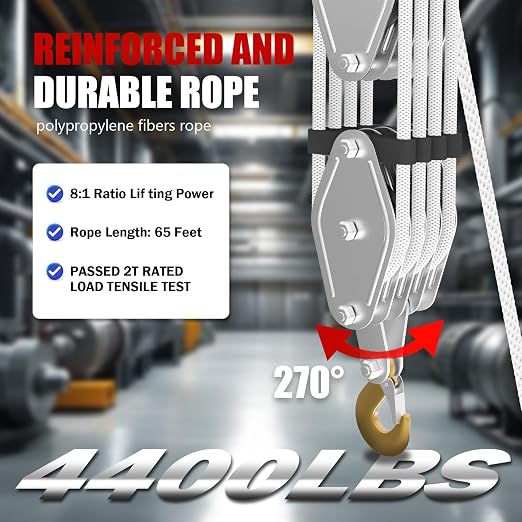 YATOINTO Rope Pulley Hoist with Metal Bearing Rope Guide 4400 LB, 8:1 Pulley Block and Tackle System, Pulley Block 65ft, Heavy Duty Rope Hoist for Hunting Garage Warehouse Constructions