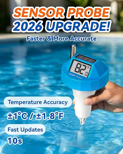 BALDR Wireless Pool Thermometer Floating Easy Read, 2026 Upgrade Solar Powered Water Temperature Gauge with Indoor Monitor, IPX8 Waterproof 500FT Range for Pools,Hot Tubs,Spas, Baths, Aquariums