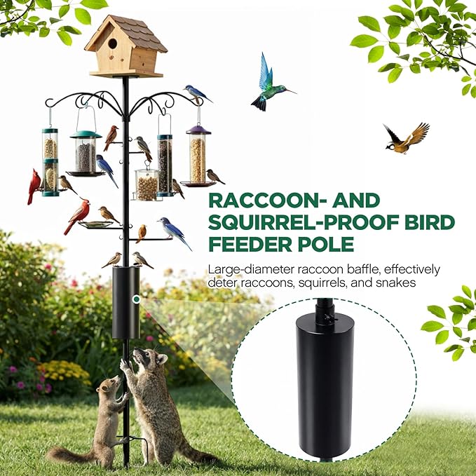 Yaocom 9.8ft Raccoon Proof Bird Feeder Pole with 18 Inch Arms Squirrel Baffle Heavy Duty Backyard Feeding System Supports up to 25 Lbs for Garden Bird Lovers, Compatible with Brome Feeders