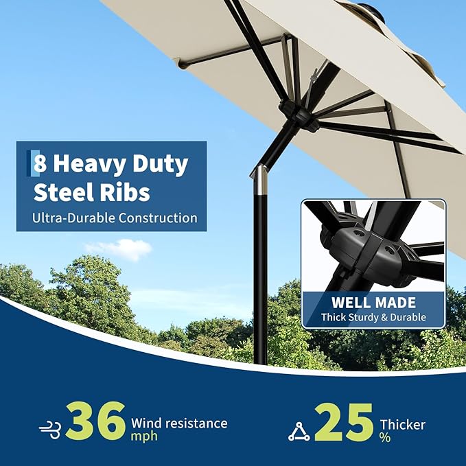 GarveeLife 9FT Umbrella Outdoor Patio, Table Umbrella with Push Button Tilt and Crank, 8 Sturdy Ribs Waterproof UV Protection for Garden, Pool, Deck, Backyard, Market (Beige White)