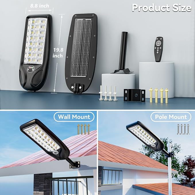 MMKT Solar Lights Outdoor, 12000W 3 Colors Commercial Solar Street Light, Solar Parking Lot Lamp,Dusk to Dawn Security Flood Lights with Motion Sensor&Remote Control Switch for Patio,Driveway