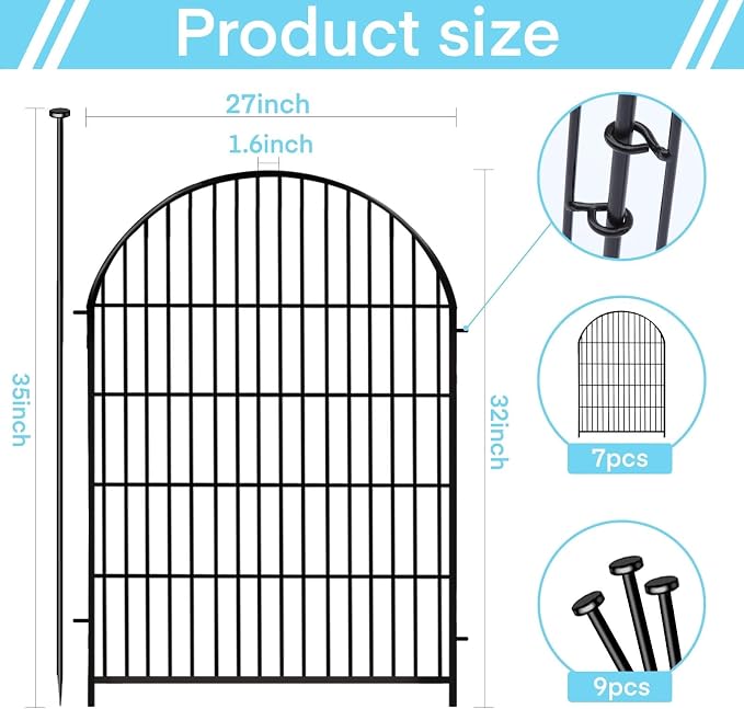 Garden Fence Border, 32 in(H) x17.5 Ft(L) 8 Panels, Tall Garden Animal Barrier Fence with Gate, Dog Fence Outdoor for Yard, Arched Rustproof Metal No Dig Fence, Flower Bed Fencing