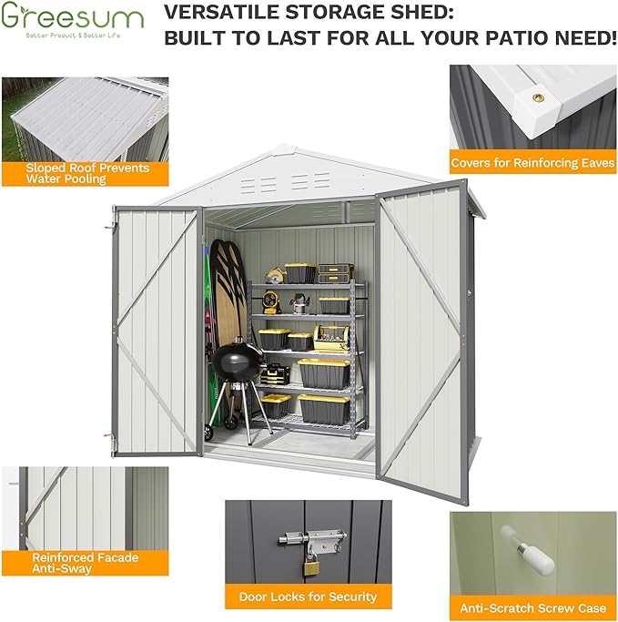 Greesum 6x4FT Outdoor Storage Shed with Base, Utility Tool Shed with Sloping Roof, Metal Storaged Garden Shed with Door & Lock for Patio Storage, Gray