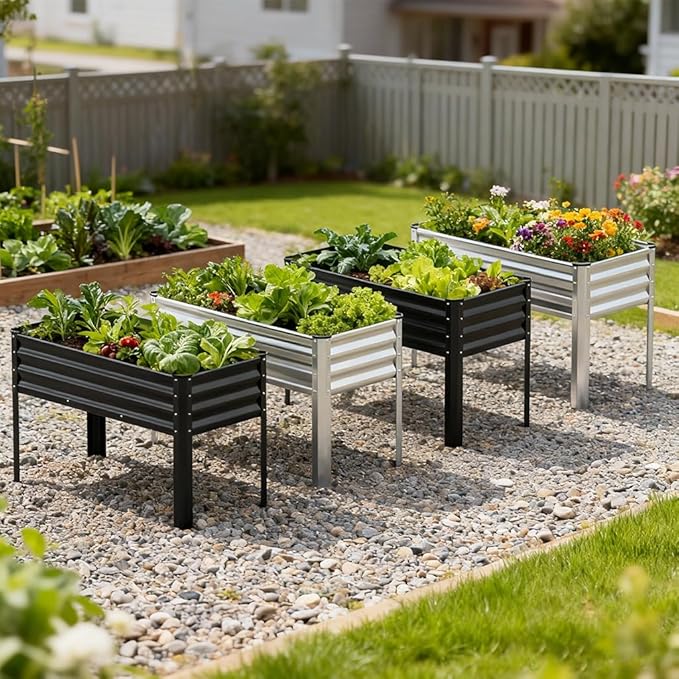COMHOMA 2 Pack Raised Garden Bed with Legs 4x2x2.5ft,Large Elevated Galvanized Metal Planter Box with Drainage Holes,Outdoor Growing Kit with Gloves Tools for Backyard Patio Lawn,Black