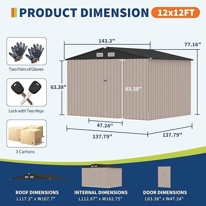 12x12 FT Outdoor Metal Storage Shed, Garden Tool Metal Shed with Lockable Doors & Vents, Large Waterproof Tool Shed for Backyard Garden Patio Lawn
