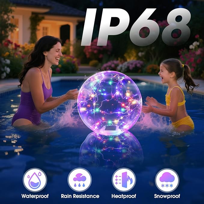 Askyli Floating Pool Lights, Colorful LED Solar Pool Lights that Float, IP68 Waterproof Light up Pool Balls, 15" Inflatable Floating Light for Pools Party Wedding Decor (2Piece)
