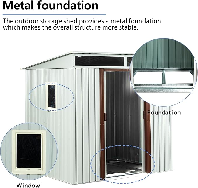 6FT x 5FT Outdoor Storage Shed, Heavy Duty Galvanized Steel Garden Shed with Sloped Roof, Sliding Lockable Doors, Punched Vents & Foundation Kit, Weather Resistant Tool Shed, White with Window