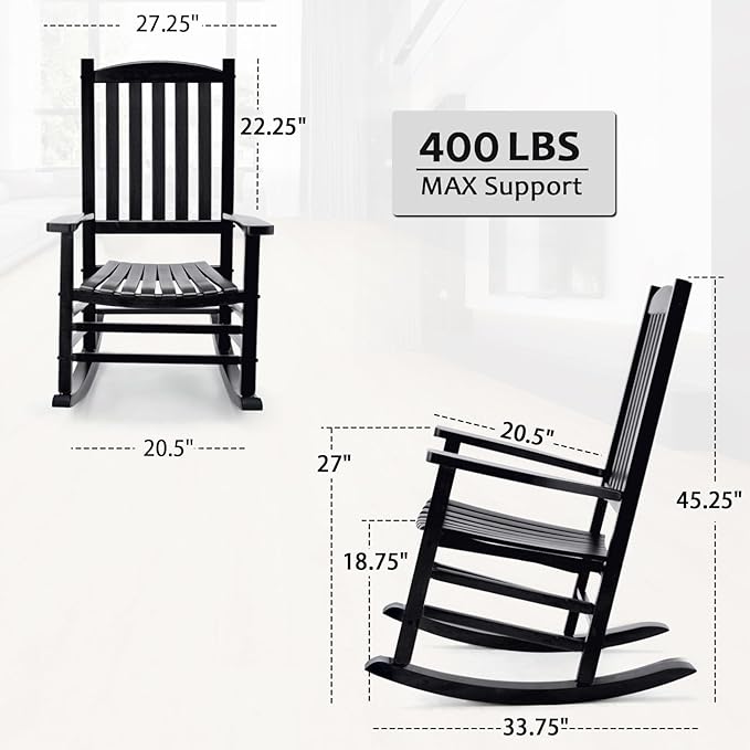 Hupmad Wooden Rocking Chair Outdoor Oversized Porch Rocker Chair,Patio Wooden Rocker with High Back and Armrest,All Weather Rocker Slatted for Backyard,Garden,400 lbs Support,Black