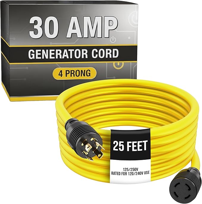 Houseables 30 Amp Generator Cord, Generator Cord, NEMA L14-30P to L14-30R, 30 Amp Extension Cable, 125/250V for 240V Use, 240 Volt, 30amp Power Wire, 4 Prong Plug, Dryer, UL CUL, 10 Gauge, 7500W, 25FT