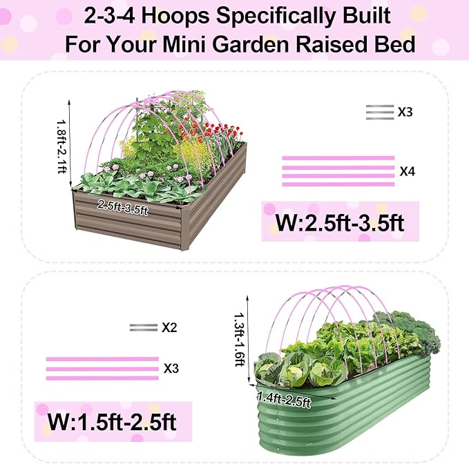 Garden Hoops 60pcs, Sunwuk Greenhouse Hoops for 2.5-5.5ft Wide Raised Bed, 10 Sets of 8.5ft Long Super Bendable Fiberglass Support Hoops Frame, Mini Greenhouse Strip for Row Cover (Pink M Size)