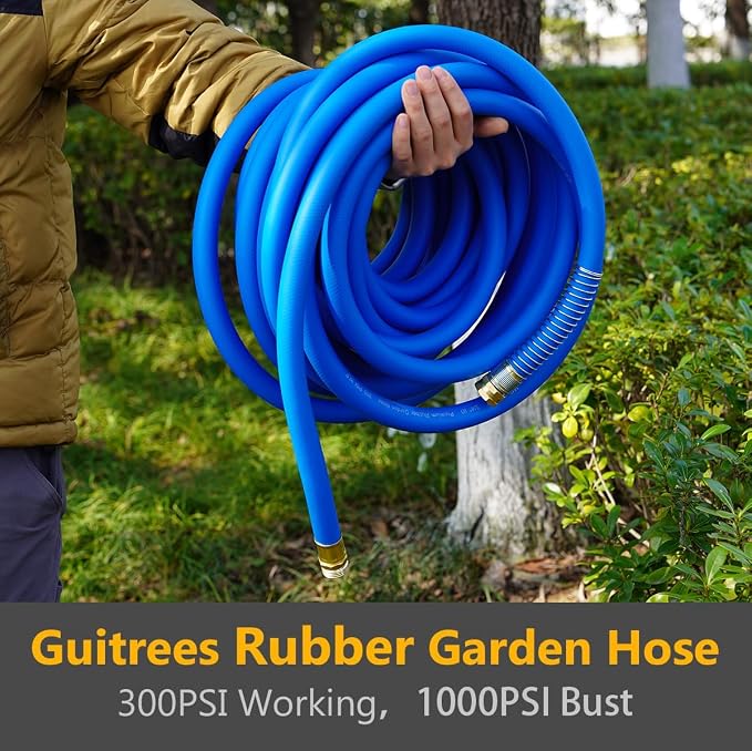Guitrees 50FT 5/8 Heavy Duty Rubber Garden Hose - 200psi Working, 1000psi Burst - Hot/Cold Water - Five-Layered Braiding for Durability - Versatile for Gardening, Agriculture, Construction(Blue)