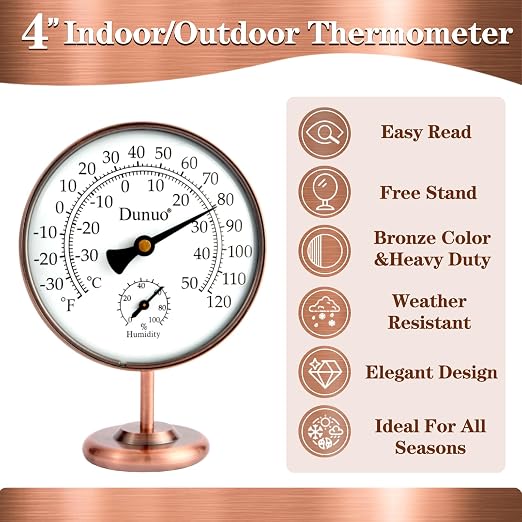 4" Indoor Outdoor Thermometer Hygrometer, Analog Temperature Humidity Gauge with Stand, Antique Copper Tabletop Decor for Home, Bedroom, House, Greenhouse, Battery-Free, Dual Scale(℃/℉)