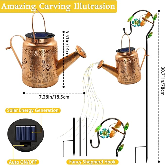 Solar Dragonfly Watering Can Lights Waterproof, Perfect Gift for Mom Grandma Women Wife Daughter Mother's Day, Outdoor Garden Decor with Shepherd Hook, Hanging Lights for Patio Yard, Porch, Backyard