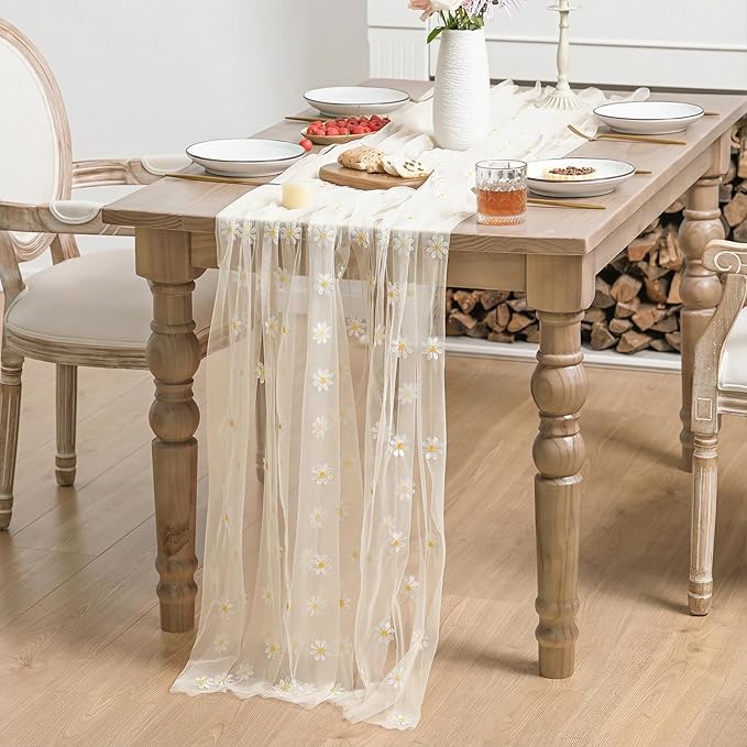 Horaldaily Champagne Embroidery Daisy Spring Summer Gauze Tablecloth 60×84 Inch Rectangular, Seasonal Tulle Table Cover, Garden Party Decorations for Wedding, Party, Holiday Dining