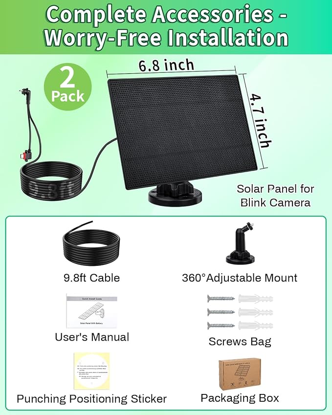 Solar Panel for Blink Camera, 3W Solar Charger Built-in 2600mAh Battery,IP65 Waterproof Solar Panels for Blink Outdoor 4(4th Gen)/ Outdoor(3rd Gen) XT3 & XT2/XT Camera, with 9.8ft Cable, 2 Pack