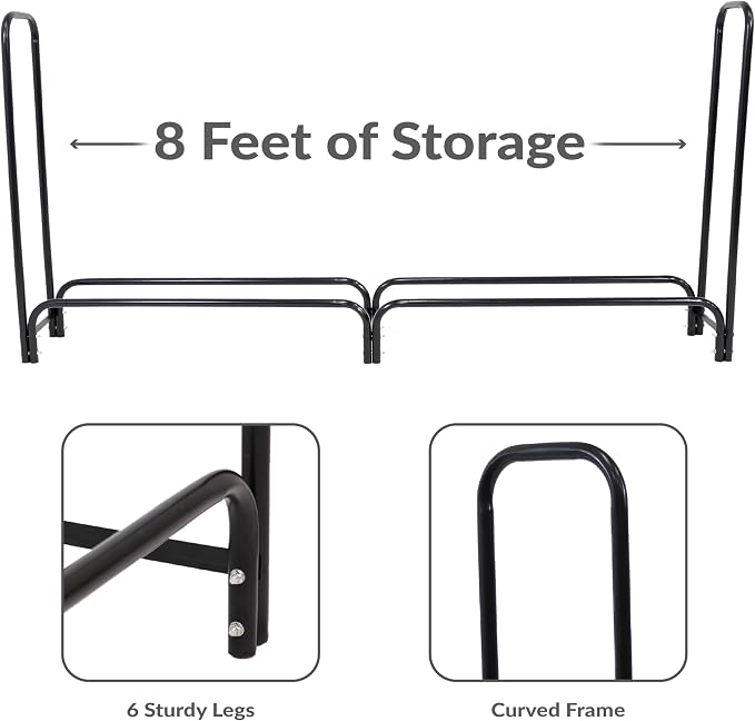 Sunnydaze 8‑Foot Firewood Rack - Outdoor Wood Storage - Black Heavy‑Duty Log Holder Wood Rack for Firewood - 1500-lb Capacity