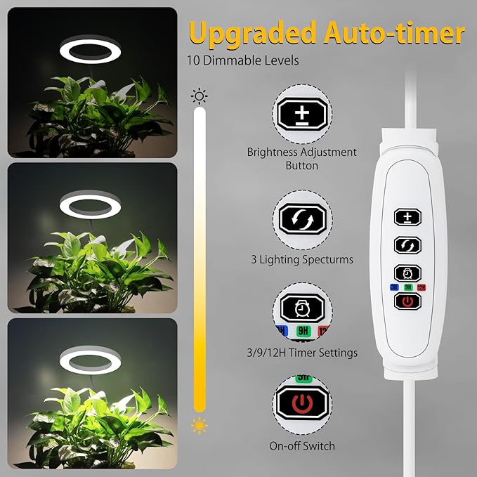 Grow Lights for Indoor Plants - Full Spectrum LED Plant Growing Light with 3H/9H/12H Auto Timer, Height Adjustable (16-67"), 3 Color Modes, 10 Dimming - Sun Lamp for Large Tall Small Plant- White