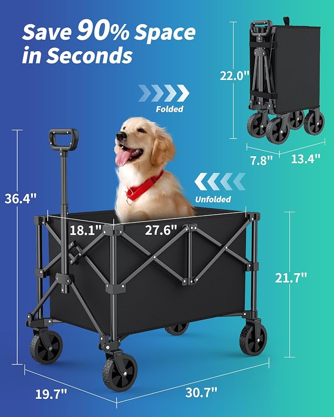 Kitsure Collapsible Wagon with Wheels, Foldable Dog Wagon Carts with 250lbs Load Capacity, Utility Shopping Cart, Black, 30.7" x 19.7" x 36.4"