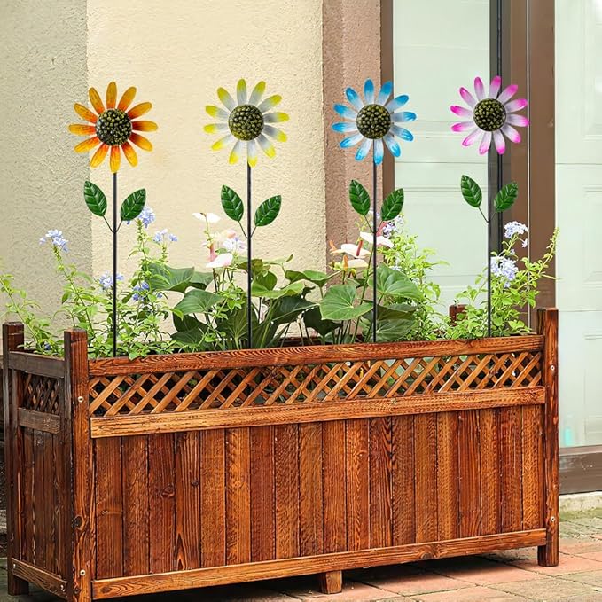 4 Packs Wind Spinner Outdoor, Pinwheels for Yard and Garden, Metal Sunflower Decorative Garden Stakes for Lawn Patio Porch Decor