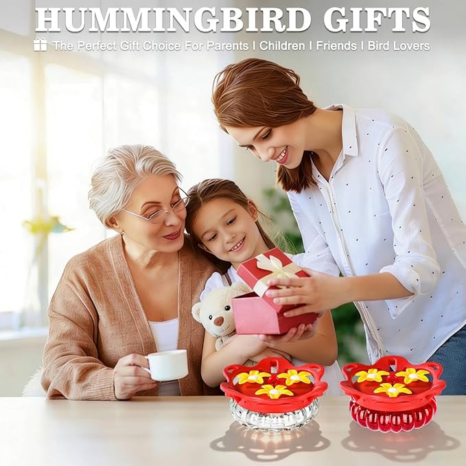 Fchstaer Set of 2 Glass Hummingbird Feeders for Outdoors Hanging with 3 Bee Guard Feeding Ports, 3.4OZ Handheld Humming Birds Feeders for Outside, Gifts for Women Mom, Red